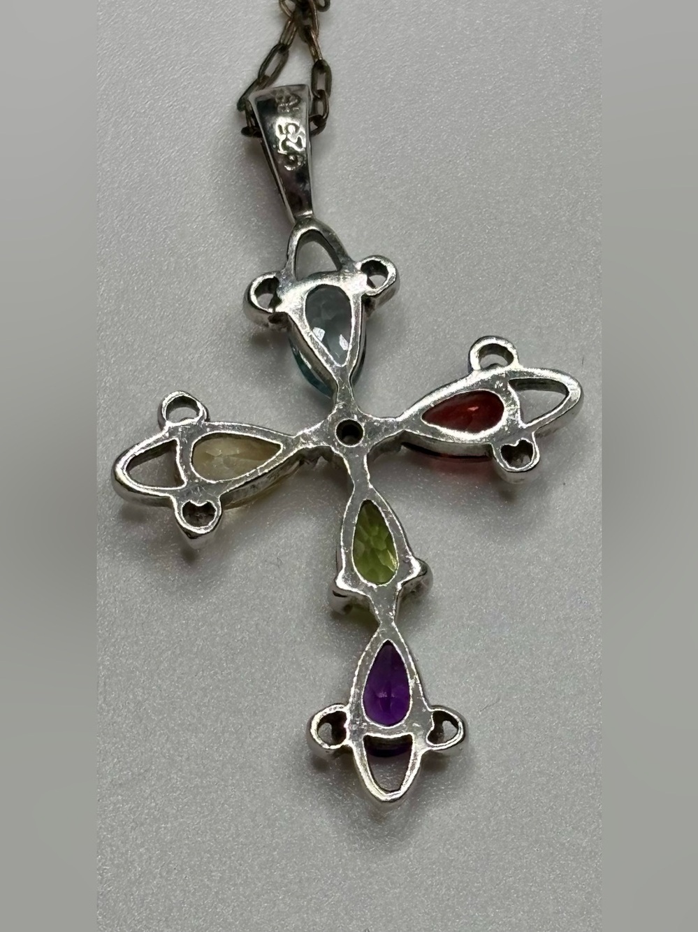 Vintage Ross Simons RSE Silver Multi Gem Cross Pendant Two Tone 14K GF Chain - Picture 2 of 9